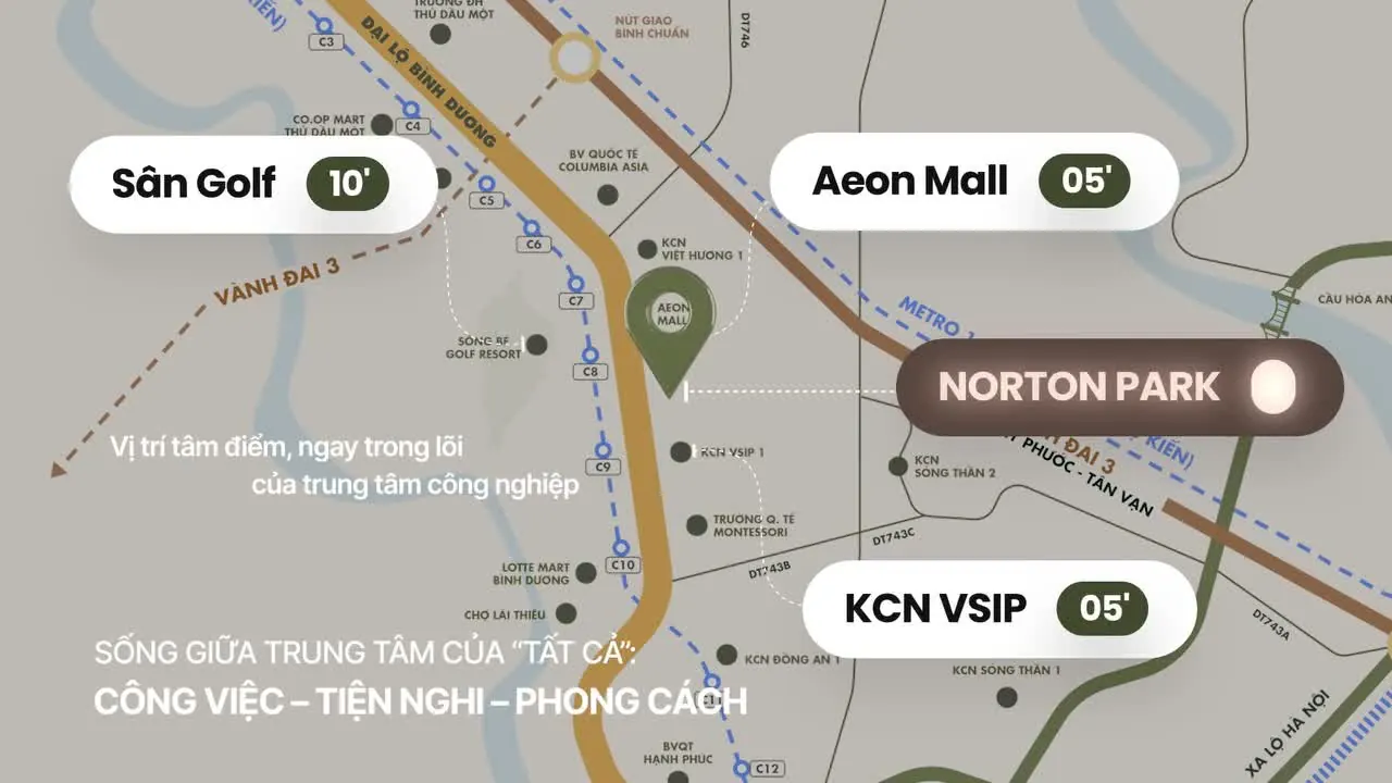 Bản đồ vị trí Norton Park: sân golf 10 phút, AEON Mall 5 phút, khu công nghiệp VSIP 5 phút