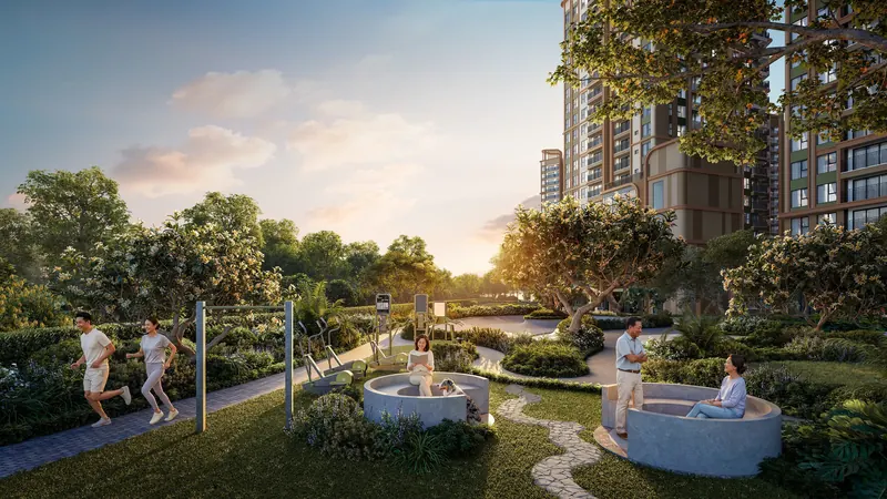 Đường dạo bộ trong công viên nội khu lúc hoàng hôn