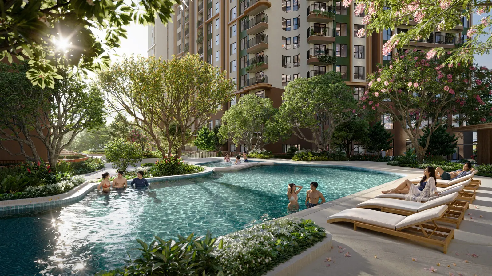 Hồ bơi nội khu Norton Park giữa vườn cây nhiệt đới