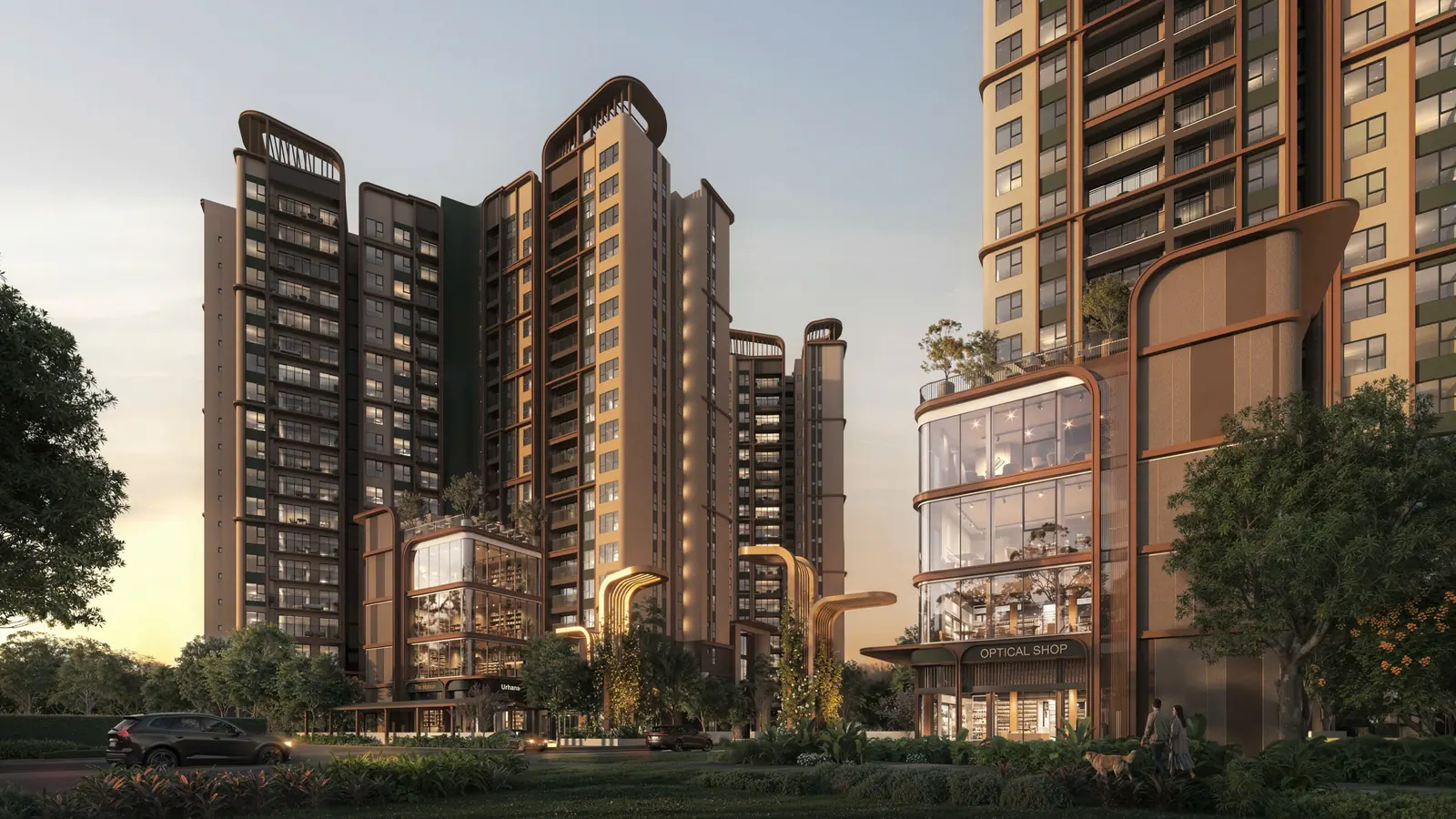 Khối đế thương mại Norton Park lúc chiều tối
