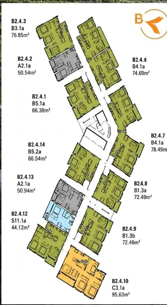 Mặt bằng tầng 4 tháp B2 Norton Park với mã căn và diện tích từ 44,12 m² đến 95,63 m²