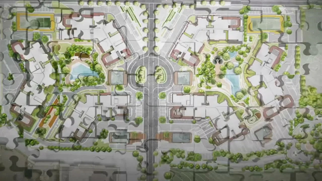 Mặt bằng tổng thể Norton Park: hai phân khu đối xứng qua trục đường chính, hồ bơi và công viên ở giữa mỗi phân khu