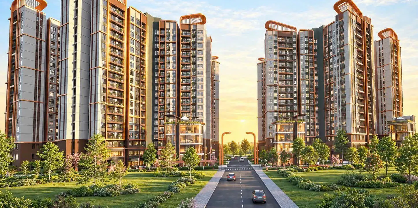 Hai cụm tháp Norton Park hai bên trục đường chính lúc hoàng hôn